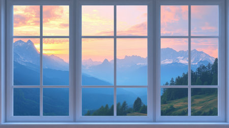 Large window with view of evening mountains close up. High quality photoの素材