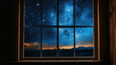 Large window with close-up view of night starry sky. High quality photoの素材