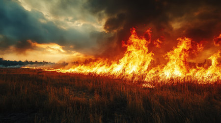 Intense forest fire consuming dry grass with thick smoke. High quality photoの素材