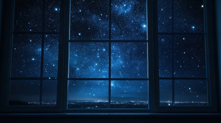Large window with close-up view of night starry sky. High quality photoの素材