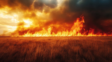 Intense forest fire consuming dry grass with thick smoke. High quality photoの素材