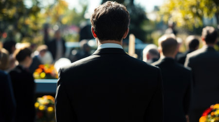 Person in black suit at funeral background - rear view. High quality photoの素材