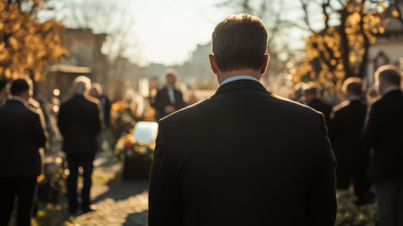 Person in black suit at funeral background - rear view. High quality photoの素材