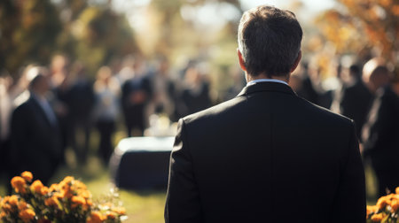 Person in black suit at funeral background - rear view. High quality photoの素材