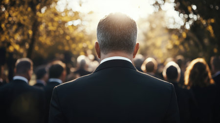 Person in black suit at funeral background - rear view. High quality photoの素材
