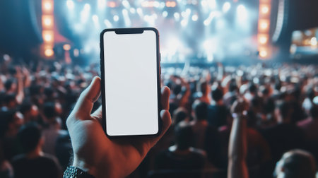 Person holding phone mockup with blank white screen at concert. High quality photoの素材