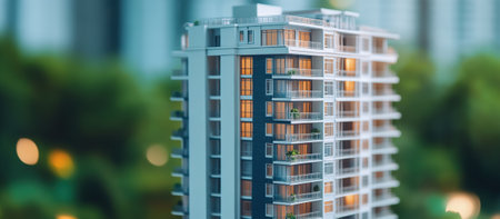 Miniature model of multi-story residential building. High quality photoの素材