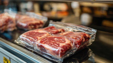 Vacuum-sealed meat in plastic package on store counter. High quality photoの素材