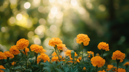 Calendula flowers growing in forest background with sunlight and copy space. High quality photoの素材