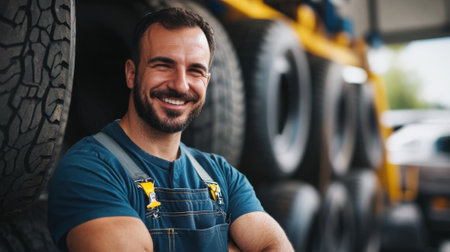 Male auto mechanic in jumpsuit smiling against car tire. High quality photoの素材
