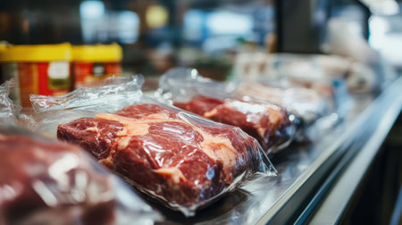 Vacuum-sealed meat in plastic package on store counter. High quality photoの素材