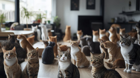 Many cats in a modern room asking for food. High quality photoの素材