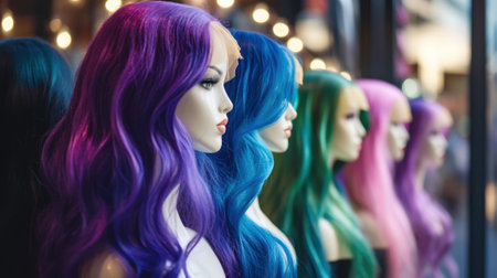 Mannequins with long hair - blue, purple, green - in a row on store display. High quality photoの素材