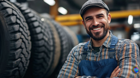 Male auto mechanic in jumpsuit smiling against car tire. High quality photoの素材