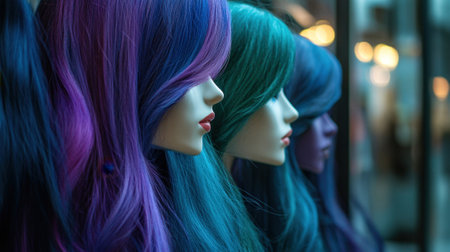 Mannequins with long hair - blue, purple, green - in a row on store display. High quality photoの素材