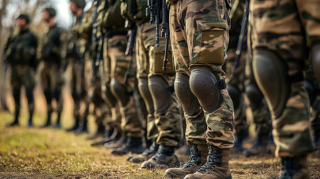 Military tactical unit lined up in combat gear and protection. High quality photoの素材