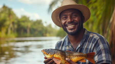 Smiling man in panama hat holding caught carp on boat. High quality photoの素材