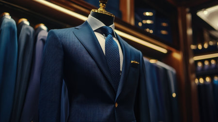Men's formal dark blue shirt suit on mannequin in store. High quality photoの素材