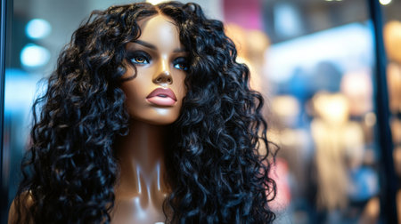 Mannequin with long curly hair on store display wearing wig. High quality photoの素材
