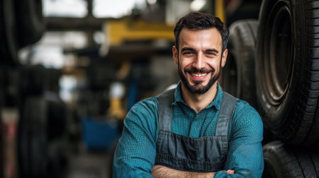 Male auto mechanic in jumpsuit smiling against car tire. High quality photoの素材