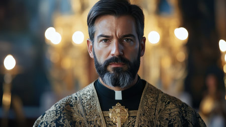 Male priest close-up against church background. High quality photoの素材