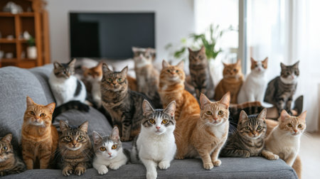 Many cats in a modern room asking for food. High quality photoの素材