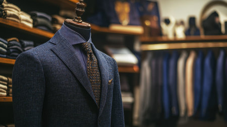 Men's formal dark blue shirt suit on mannequin in store. High quality photoの素材