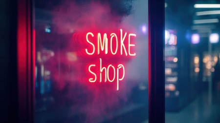 Neon "Smoke Shop" sign on glass door with vape store background. High quality photoの素材