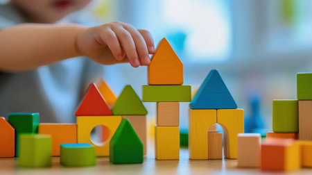 Minimalist close-up photo of child playing with blocks on table. High quality photoの素材
