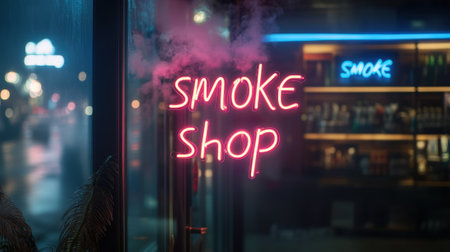 Neon "Smoke Shop" sign on glass door with vape store background. High quality photoの素材