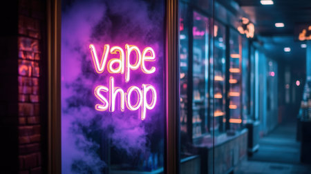 Neon "Smoke Shop" sign on glass door with vape store background. High quality photoの素材