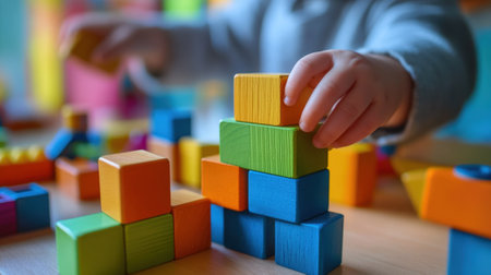 Minimalist close-up photo of child playing with blocks on table. High quality photoの素材