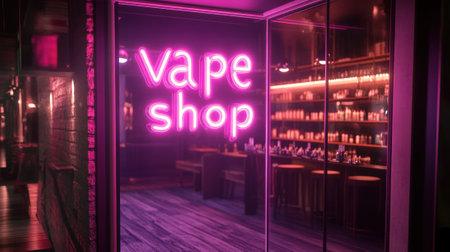 Neon "Smoke Shop" sign on glass door with vape store background. High quality photoの素材
