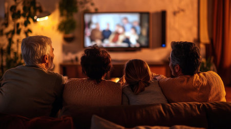 Multigenerational family sharing cozy moment while watching TV. High quality photoの素材