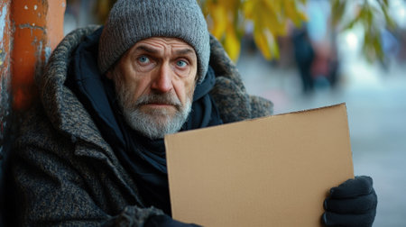 Old homeless sad man holding empty cardboard sign - copy space, text area. High quality photoの素材
