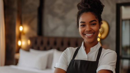Positive maid in hotel room. High quality photoの素材