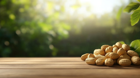 Peanuts on wooden background with blurred nature and text space. High quality photoの素材