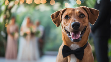 Happy dog with black bowtie against wedding background. High quality photoの素材