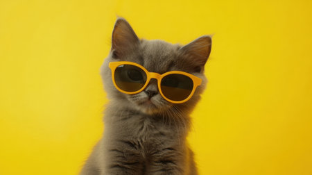 Portrait of fluffy cat in fashionable sunglasses on yellow background. High quality photoの素材