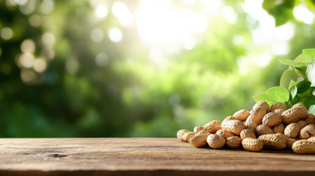 Peanuts on wooden background with blurred nature and text space. High quality photoの素材