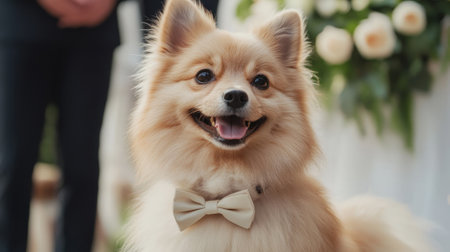 Happy dog with black bowtie against wedding background. High quality photoの素材