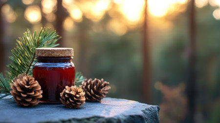 Pine cone jam on stone table with forest background. High quality photoの素材