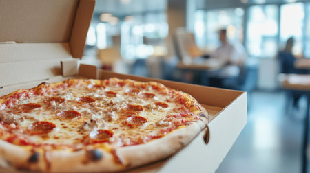 Pizza in box on office background close-up - office pizza delivery. High quality photoの素材