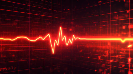Red glowing electrocardiogram line on dark red grid. High quality photoの素材