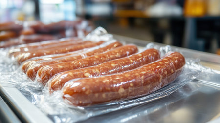 Sausages in vacuum-sealed plastic bag on store counter. High quality photoの素材