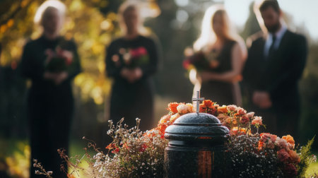 People mourning death at funeral ceremony - close-up of ashes urn. High quality photoの素材