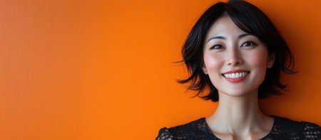 Portrait of Japanese woman with hairstyle and radiant smile on orange background - banner, copy space. High quality photoの素材