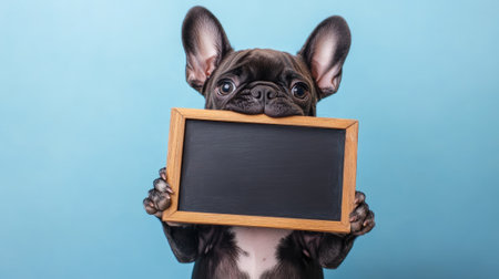Cute puppy holding blank sign for text on blue background. High quality photoの素材