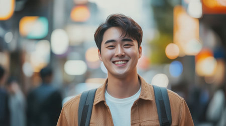 Portrait of happy South Korean man walking down street. High quality photoの素材