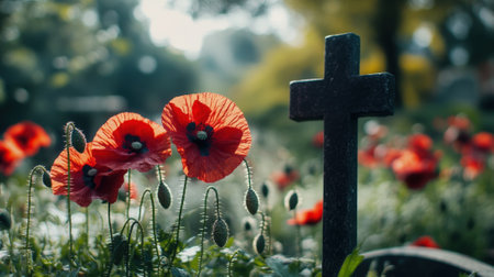 Red poppies growing on grave with cross close-up. High quality photoの素材
